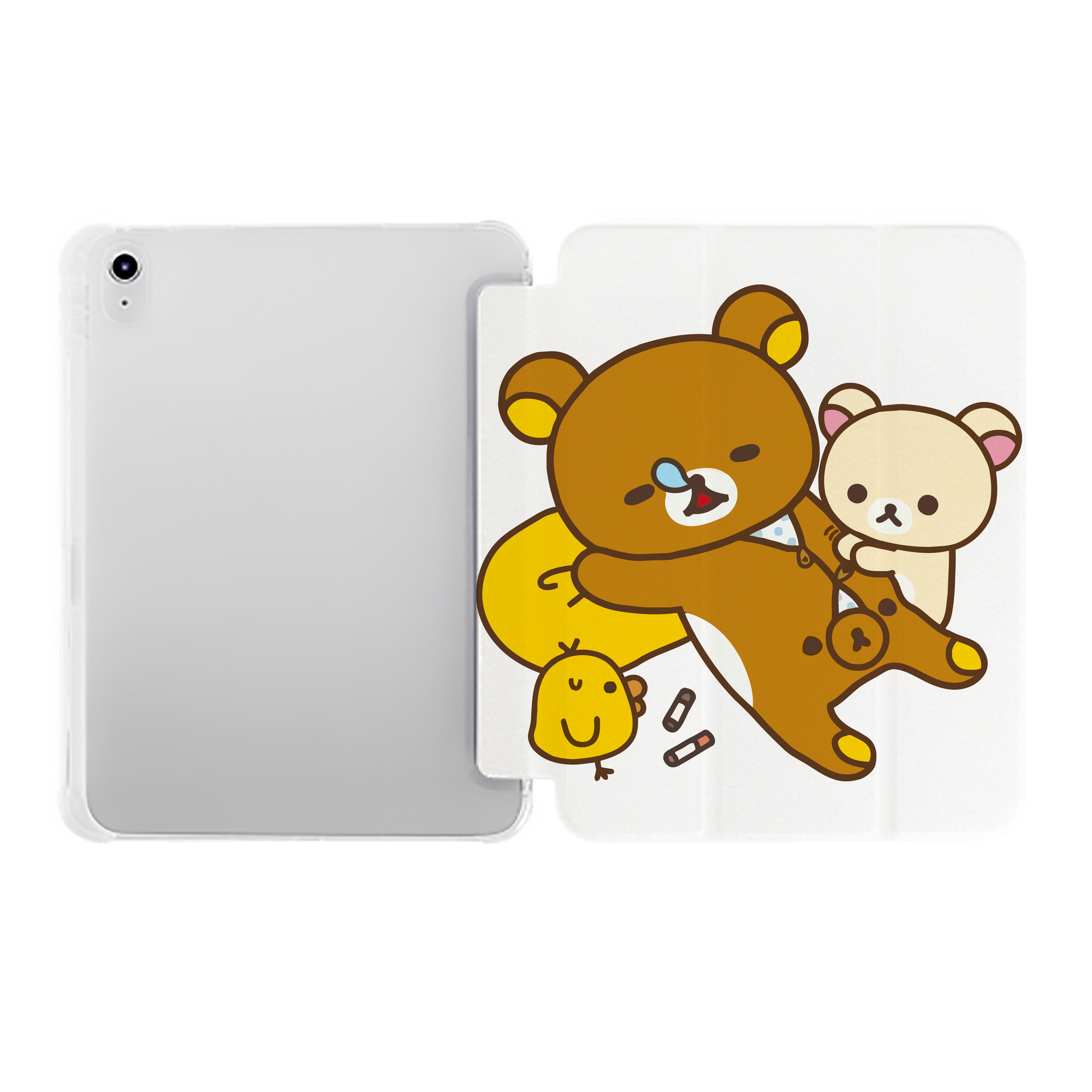 （画像用） リラックマ リラックマ キイロイトリ Rilakkuma Korilakkuma Kiiroitori IPad ケース ペン収納付き 三つ折りスタンド PUレザー×シリコン 対応機種9.5/10.5/10.9インチ